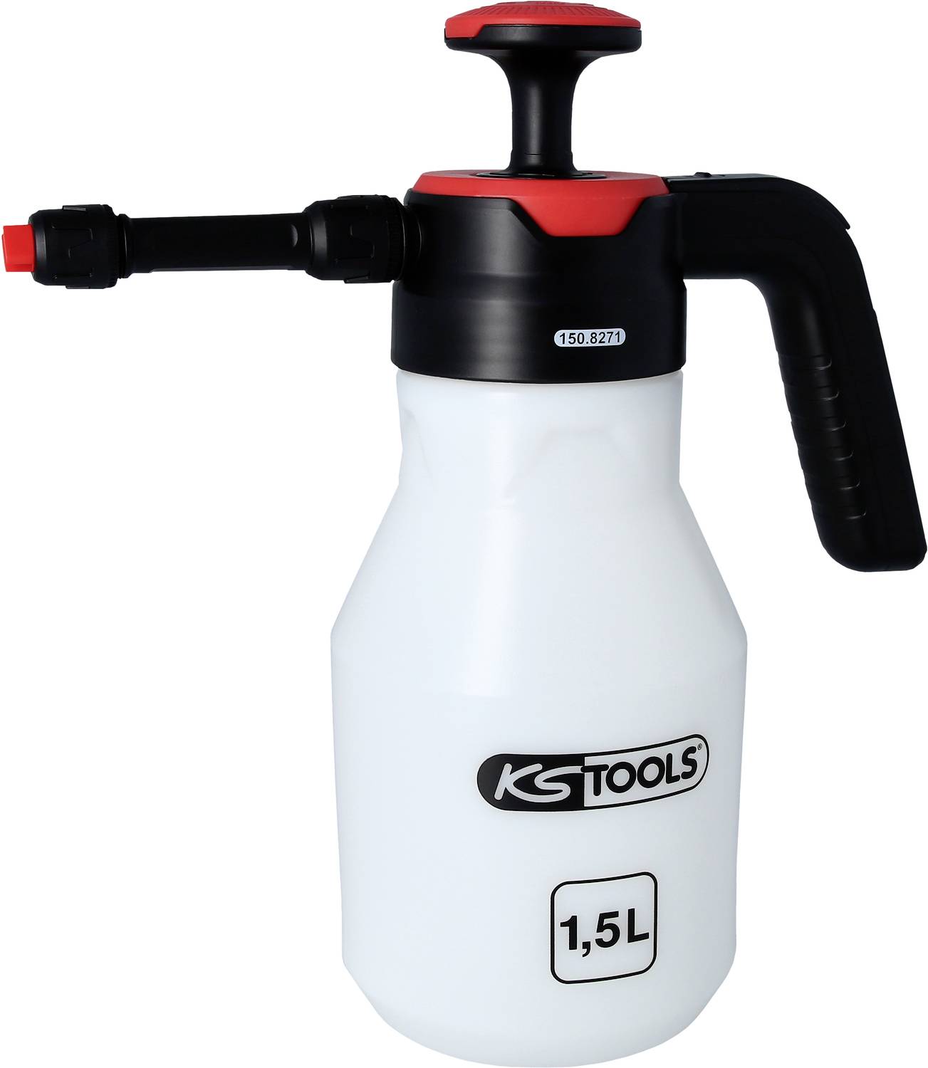 Ein 1,5-Liter-Drucksprüher von KS Tools mit schwarzem Griff und roter Pumpe, geeignet für Flüssigkeitsanwendungen.