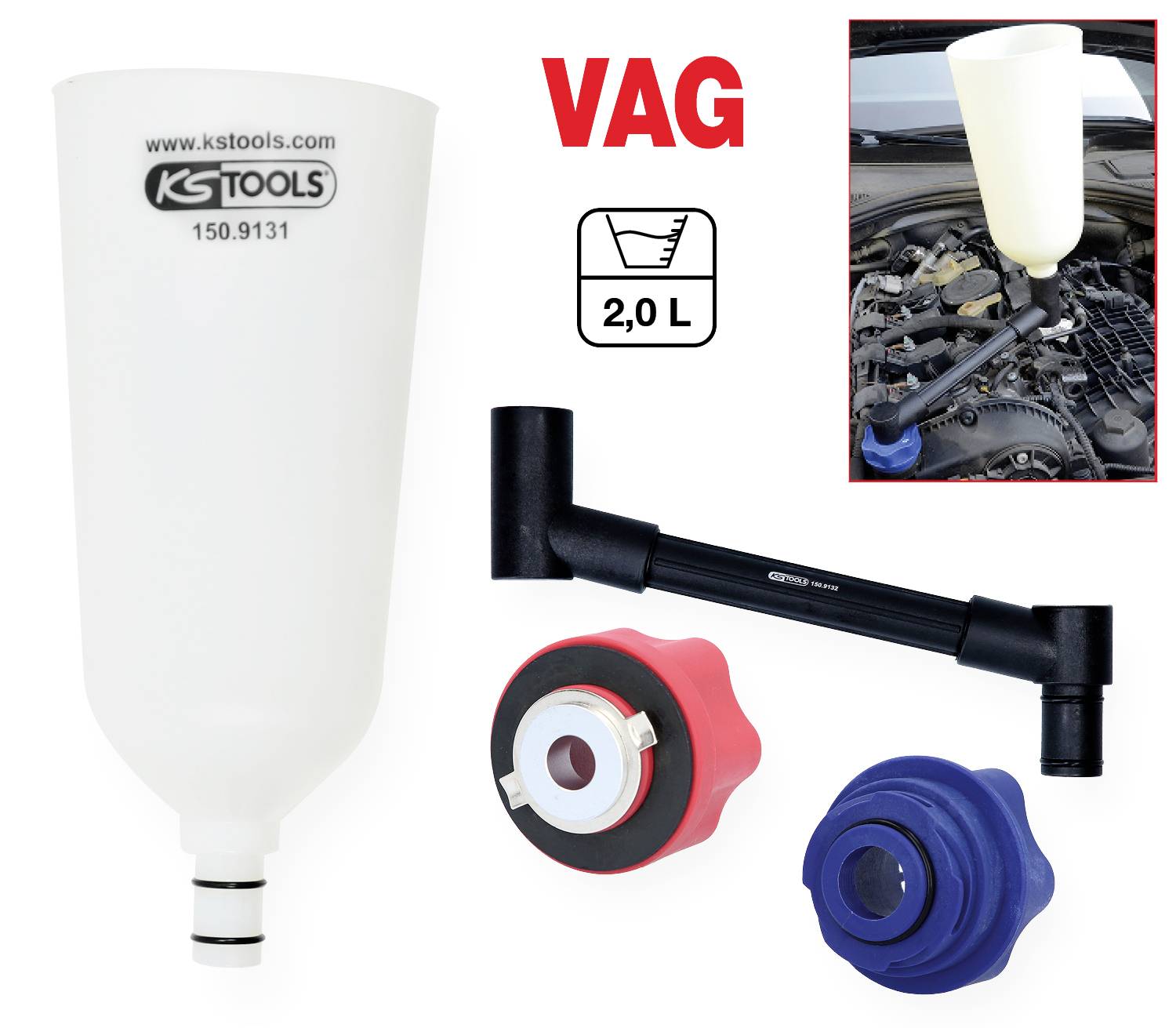 KS Tools 150.9155 Öl-Einfülltrichter-Satz mit drehbarem Winkelarm für VAG, 4-tlg