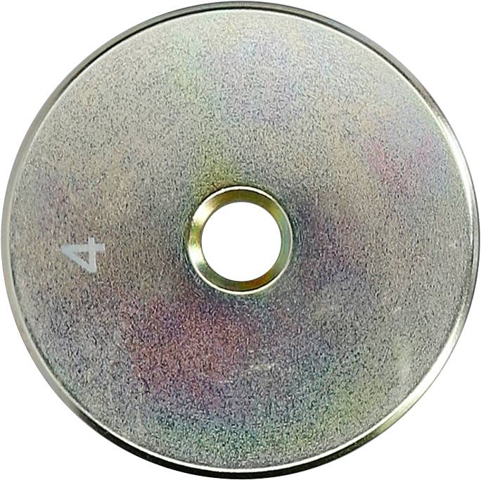 Metallscheibe mit zentralem Loch und der Zahl '4' auf der Oberfläche. Farben schimmern je nach Lichteinfall.