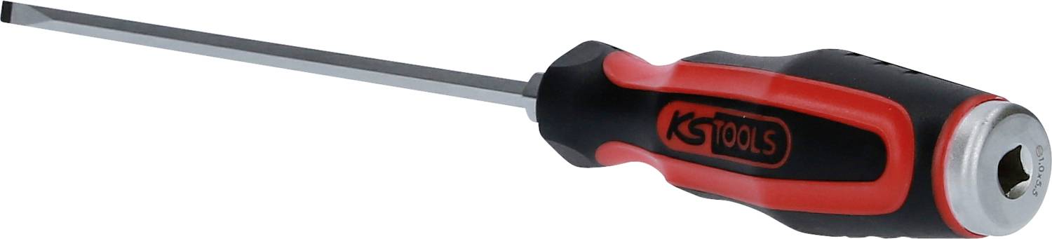 Ein Schraubenzieher mit rotem und schwarzem Griff liegt horizontal. Der Griff zeigt das Logo 'KS TOOLS'.