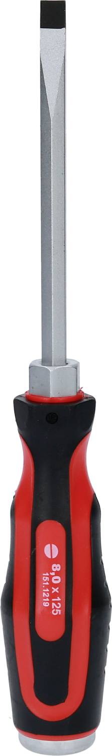 Schraubendreher mit rotem und schwarzem Griff. Der Schaft ist aus Metall.