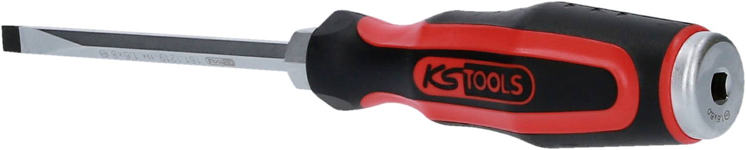 Schraubendreher mit schwarzem und rotem Griff, flacher Klinge. Logo 'KS Tools' auf dem Griff sichtbar.