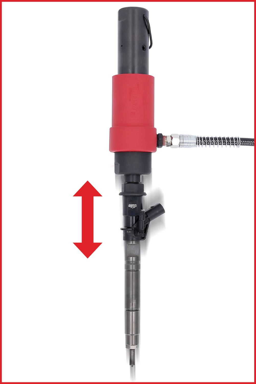 Luftbetriebener Bohrhammer mit rotem Gehäuse. Pfeil zeigt Auf- und Abwärtsbewegung an.