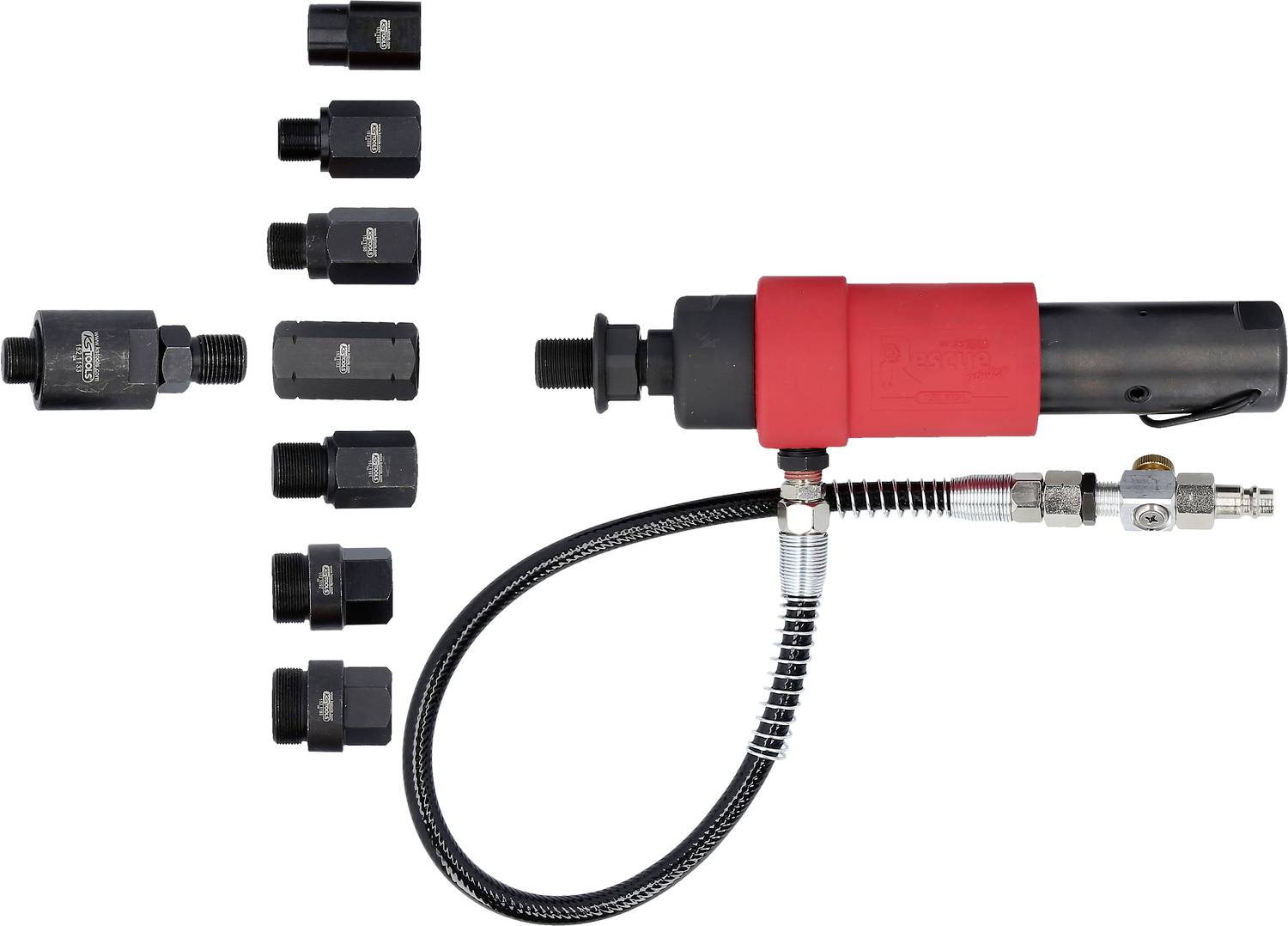 Hydraulikwerkzeug mit rotem Schutzgriff und verschiedenen austauschbaren Köpfen links für mechanische Arbeiten.