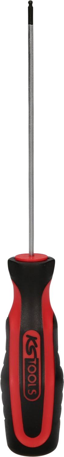 Ein roter und schwarzer Schraubendreher mit einem präzisen, schmalen Kopf für Feinmechanikarbeiten. Der Griff ist ergonomisch geformt.