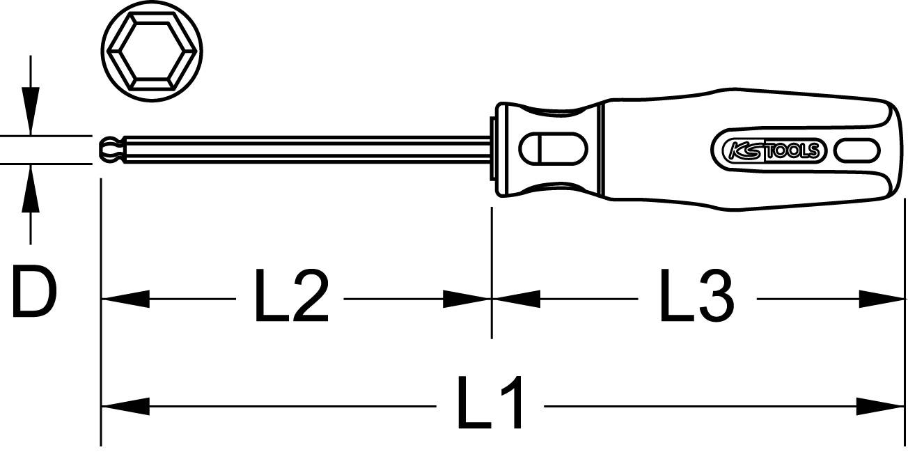Abbildung eines Innensechskant-Schraubendrehers mit Maßangaben: D für Durchmesser, L1, L2, L3 für Längen der Stift- und Griffabschnitte.