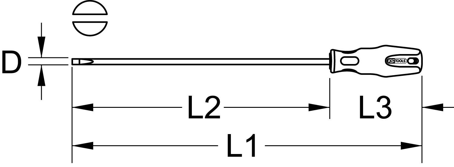 Technische Zeichnung eines Schlitzschraubendrehers mit Maßen: Durchmesser (D), Gesamtlänge (L1), Länge der Klinge (L2), Griff (L3).
