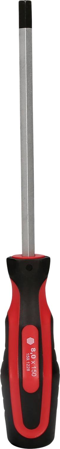 Schraubenzieher mit rotem und schwarzem Griff, langer Metallklinge und flachem Ende für Schlitzschrauben.