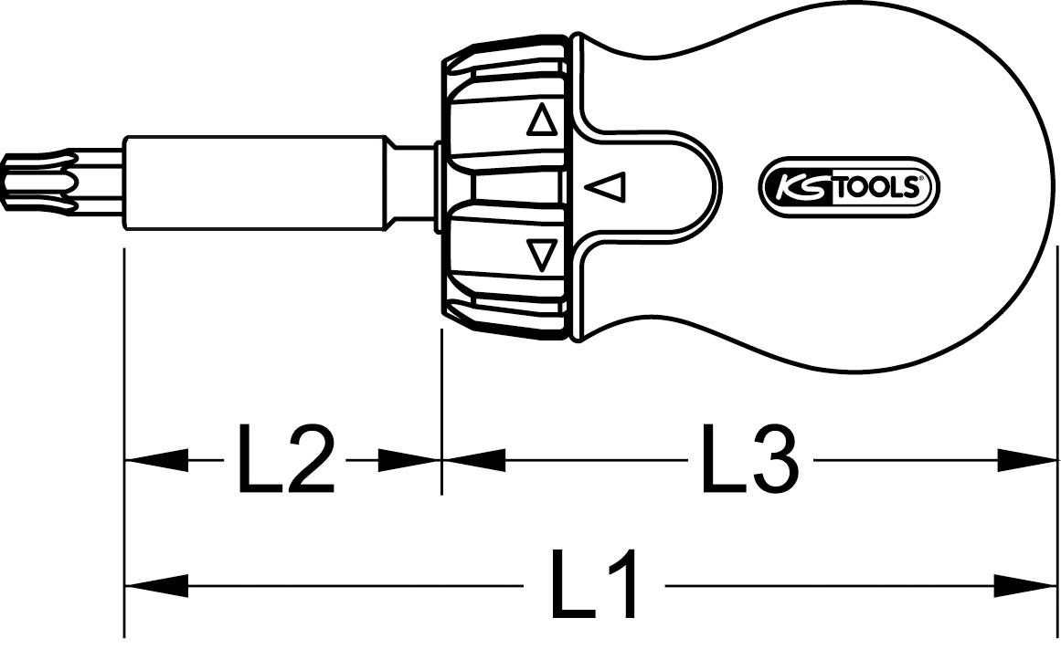 Technische Zeichnung eines Schraubendrehers mit Maßen L1, L2, L3. Darauf ist das Logo 'KS Tools' sichtbar.