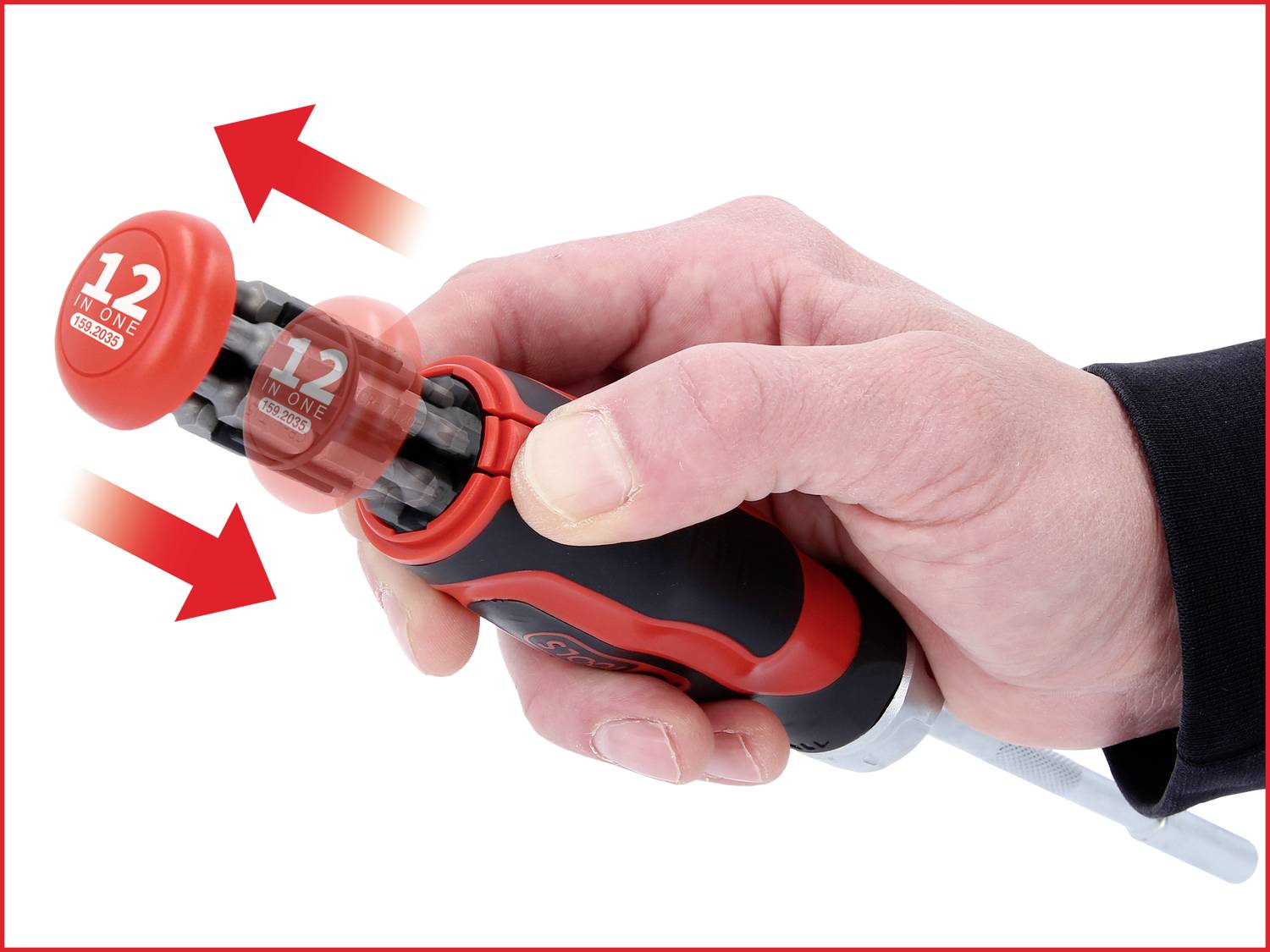 Eine Hand hält einen Schraubendreher mit auswechselbaren Bits, und der Mechanismus zum Wechseln der Bits wird mit Pfeilen gezeigt.
