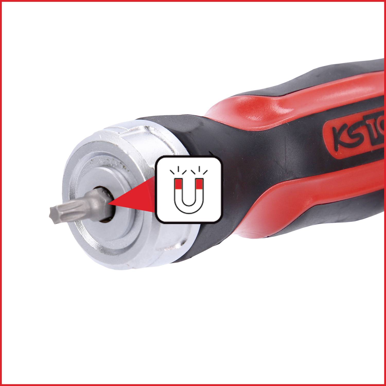 Nahaufnahme eines Schraubendrehers mit magnetischer Spitze.