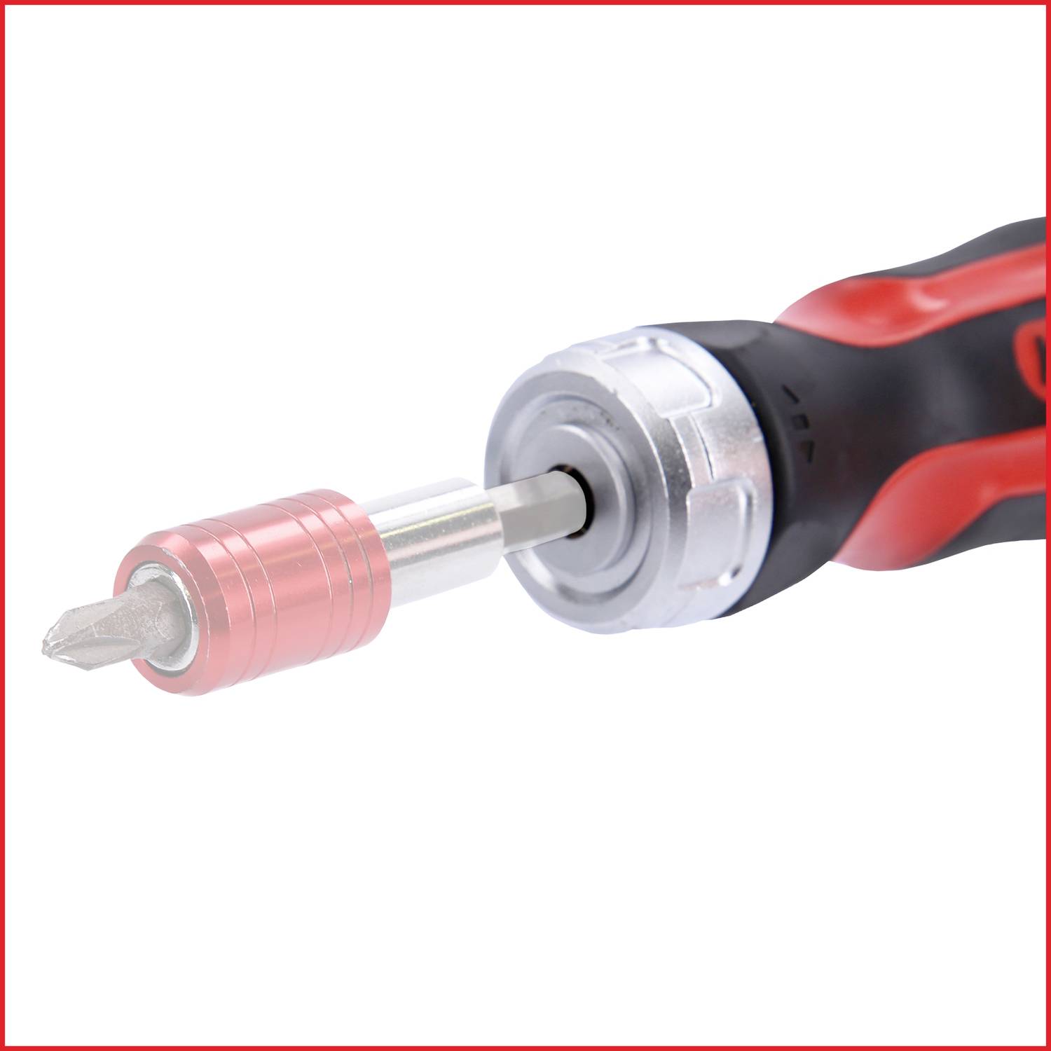 Ein elektrischer Schraubendreher mit rot-schwarzem Griff und silbernem Metallkopf.