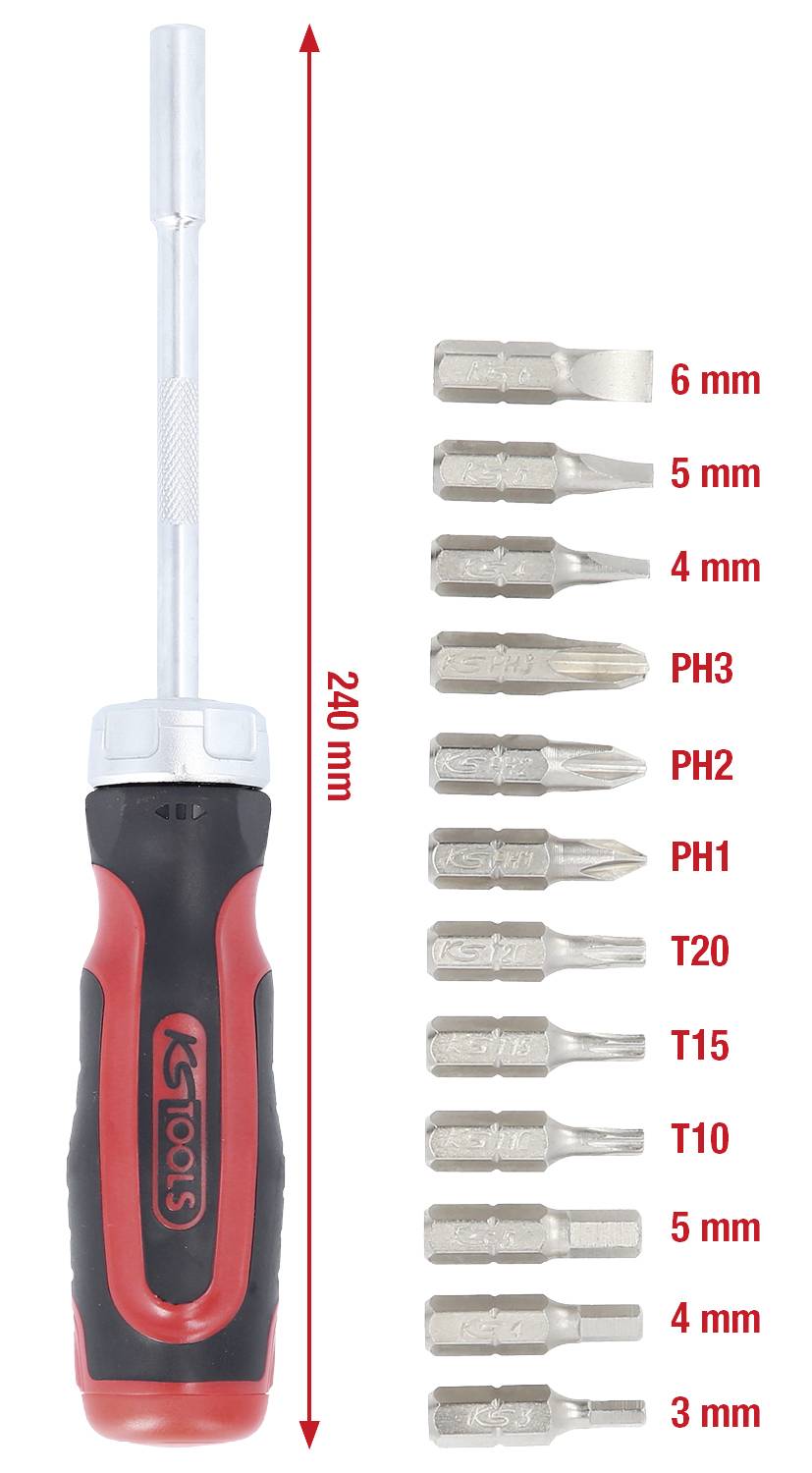 Schraubendrehersatz mit zehn austauschbaren Bits in verschiedenen Größen und Typen, neben einem Schraubendreher mit 240 mm Länge.
