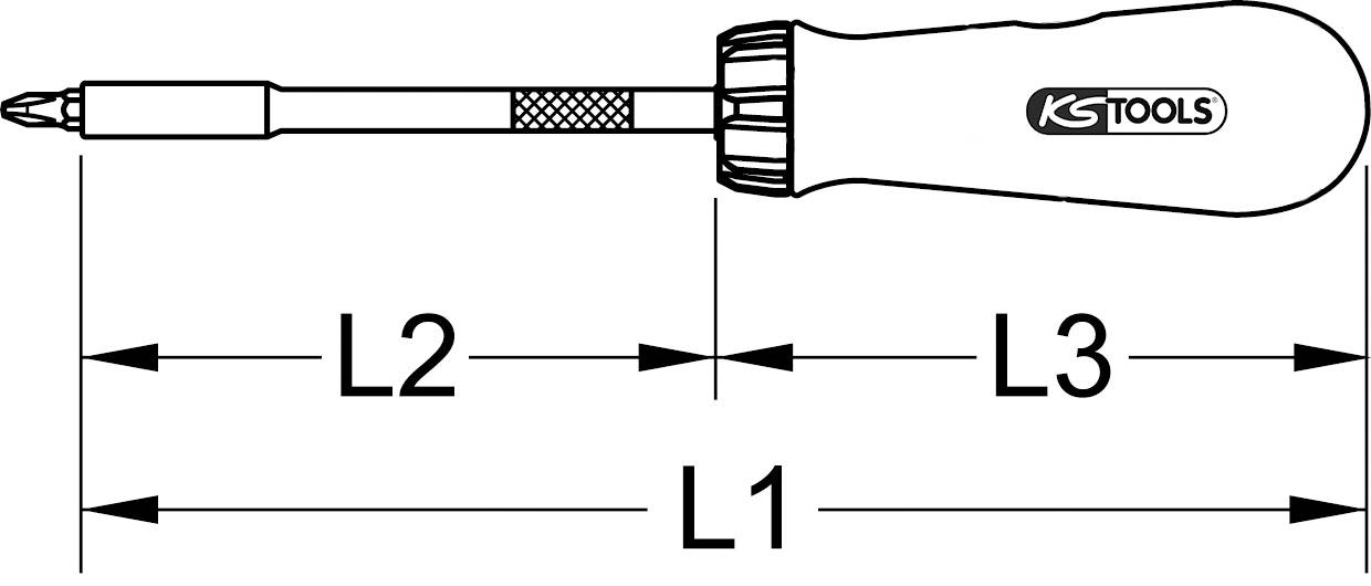 Zeichnung eines Schraubendrehers mit Maßen: L1, L2, L3. Griff ist rechts markiert mit KS Tools Logo.