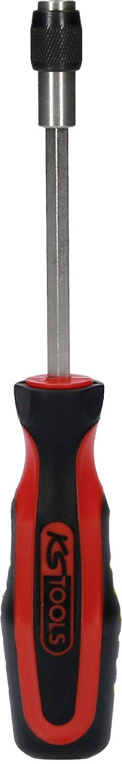 Ein Schraubendreher mit rot-schwarzem Griff und langem Metallschaft, geeignet für präzise Handarbeiten.