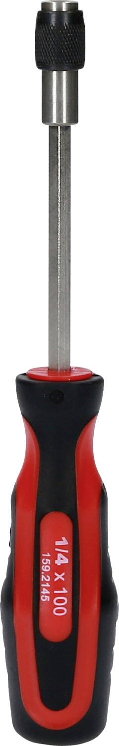 Ein roter und schwarzer Schraubendreher mit abgerundetem Griff und einem Metallstift.
