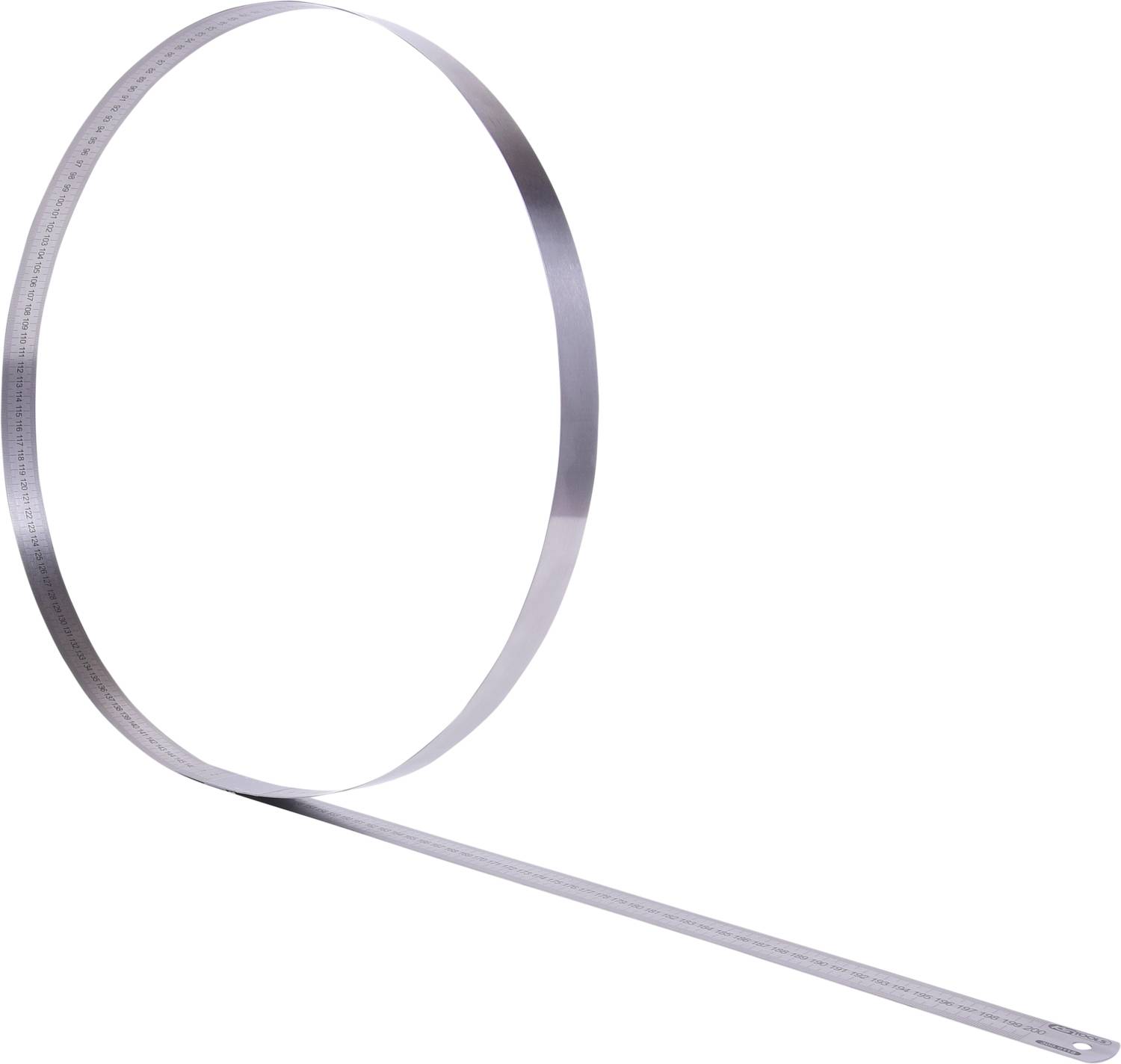 Metallmaßband in einem Kreis angeordnet. Es ist flexibel und zeigt Millimeter- und Zentimeter-Markierungen entlang seiner Länge.