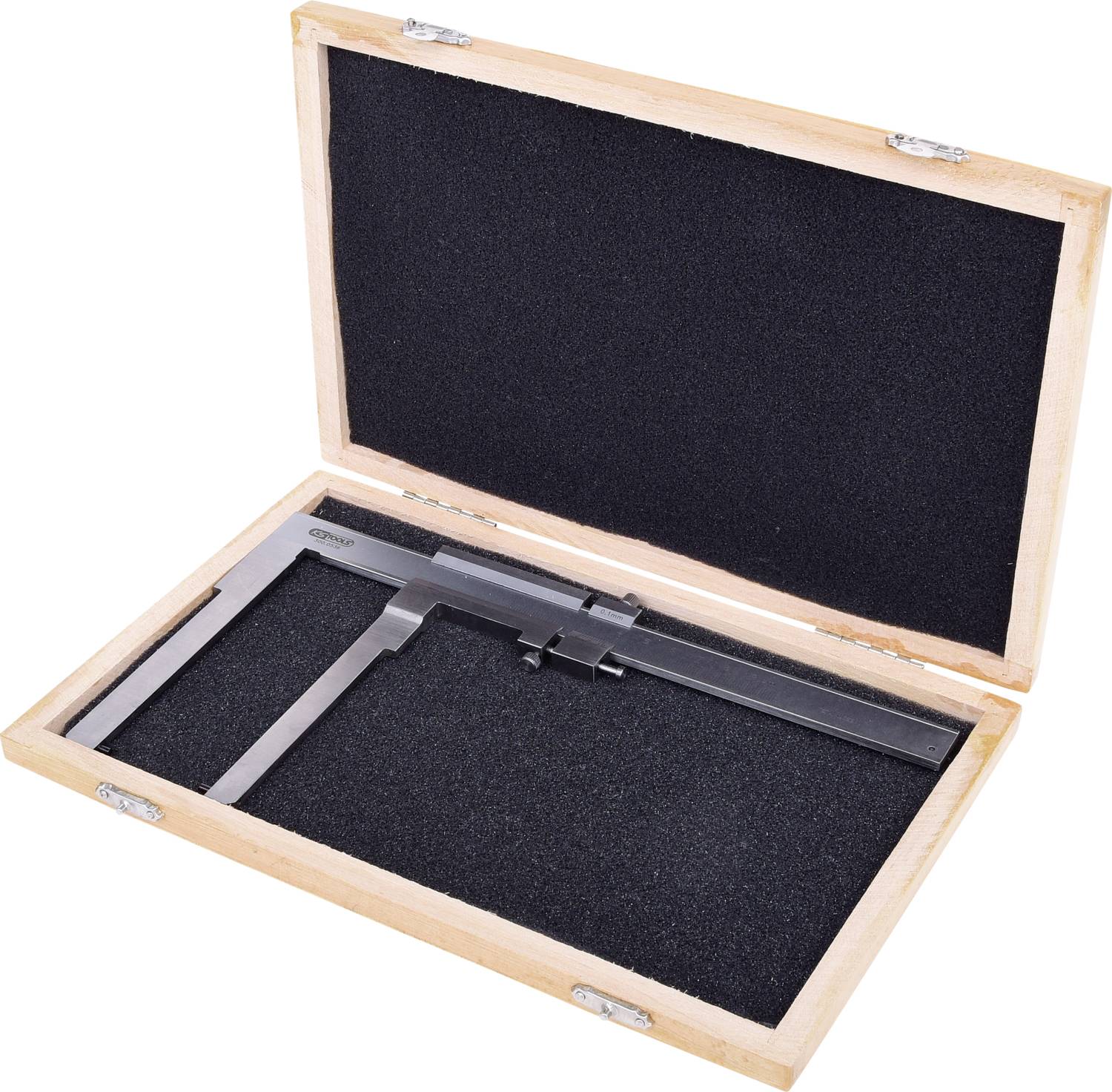 Ein schwarzer Messschieber in einem offenen Holzetui mit schwarzer Innenauskleidung. Das Etui hat einen einfachen Verschlussmechanismus.