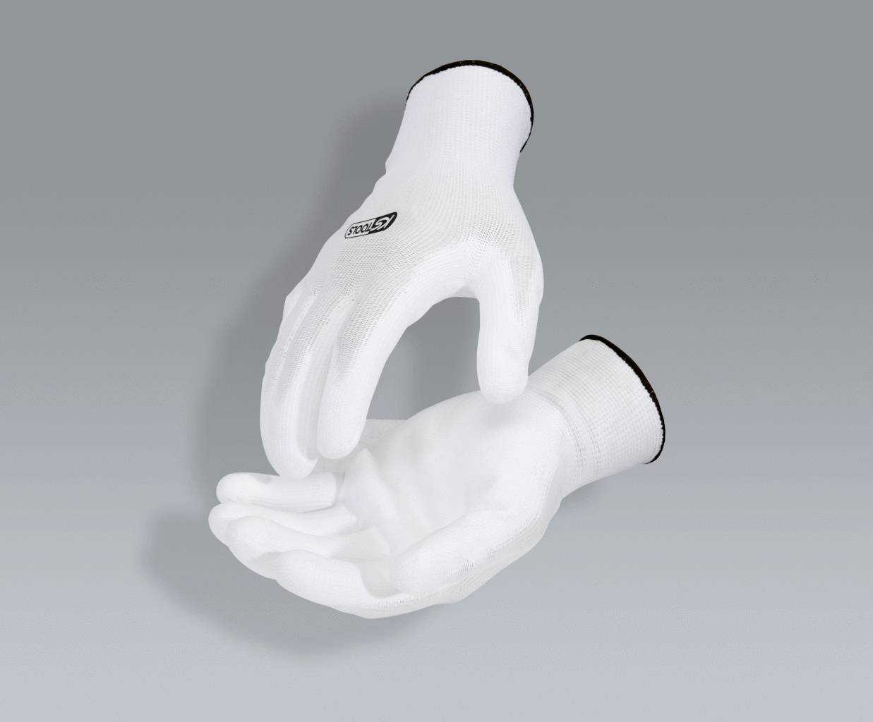 Zwei weiße Handschuhe schweben vor grauem Hintergrund. Einer formt eine lose Faust, der andere ist offen.