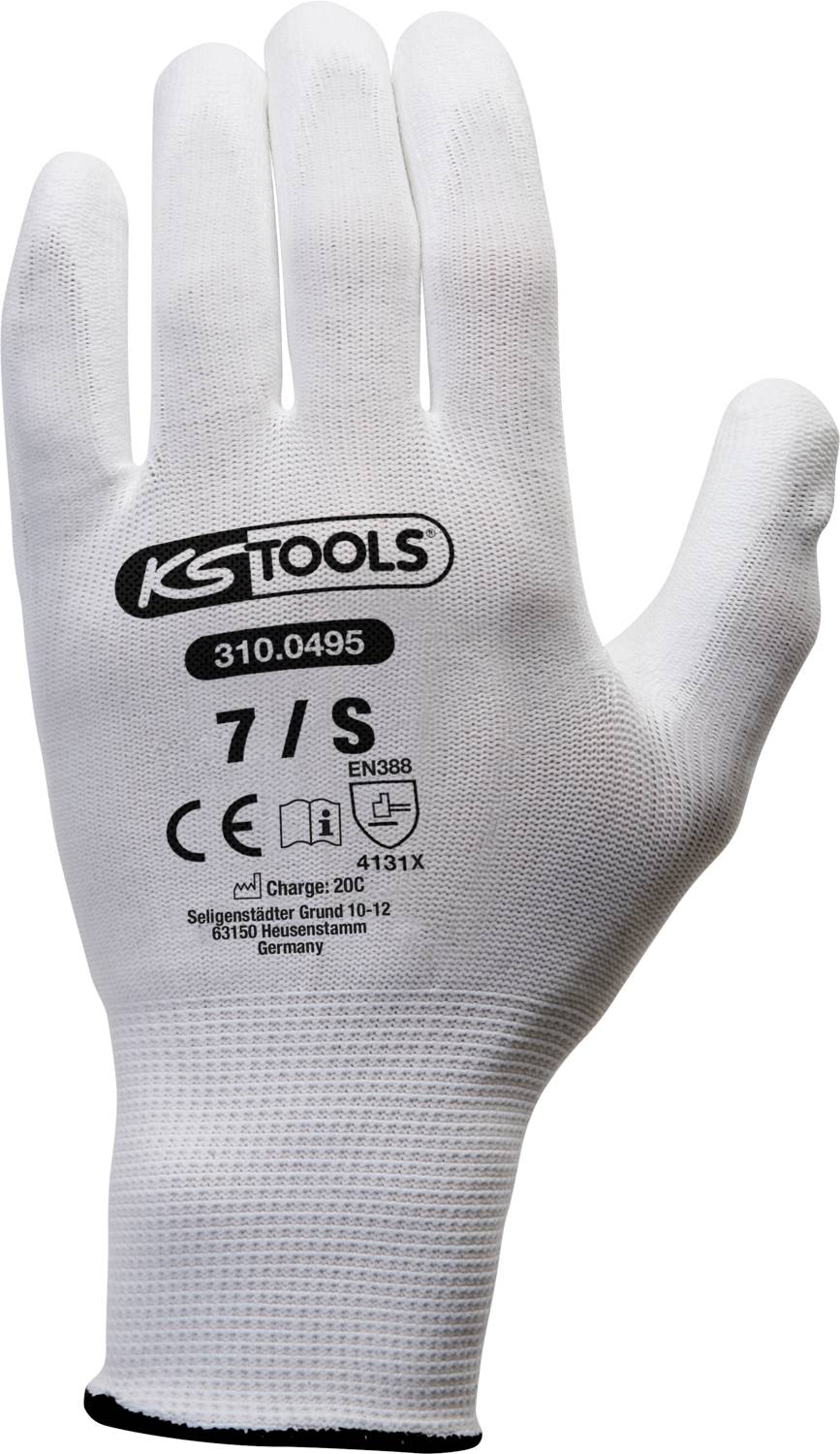 Weiße Arbeitshandschuh mit der Aufschrift KS Tools, Größe 7/S, geeignet für mechanische Arbeiten, bietet Schutz gemäß Standard EN388.