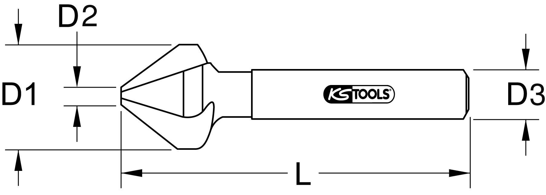 Werkzeugdiagramm eines Entgraters mit Maßen D1, D2, D3 und Länge L, mit KSTools-Logo auf dem Griff.