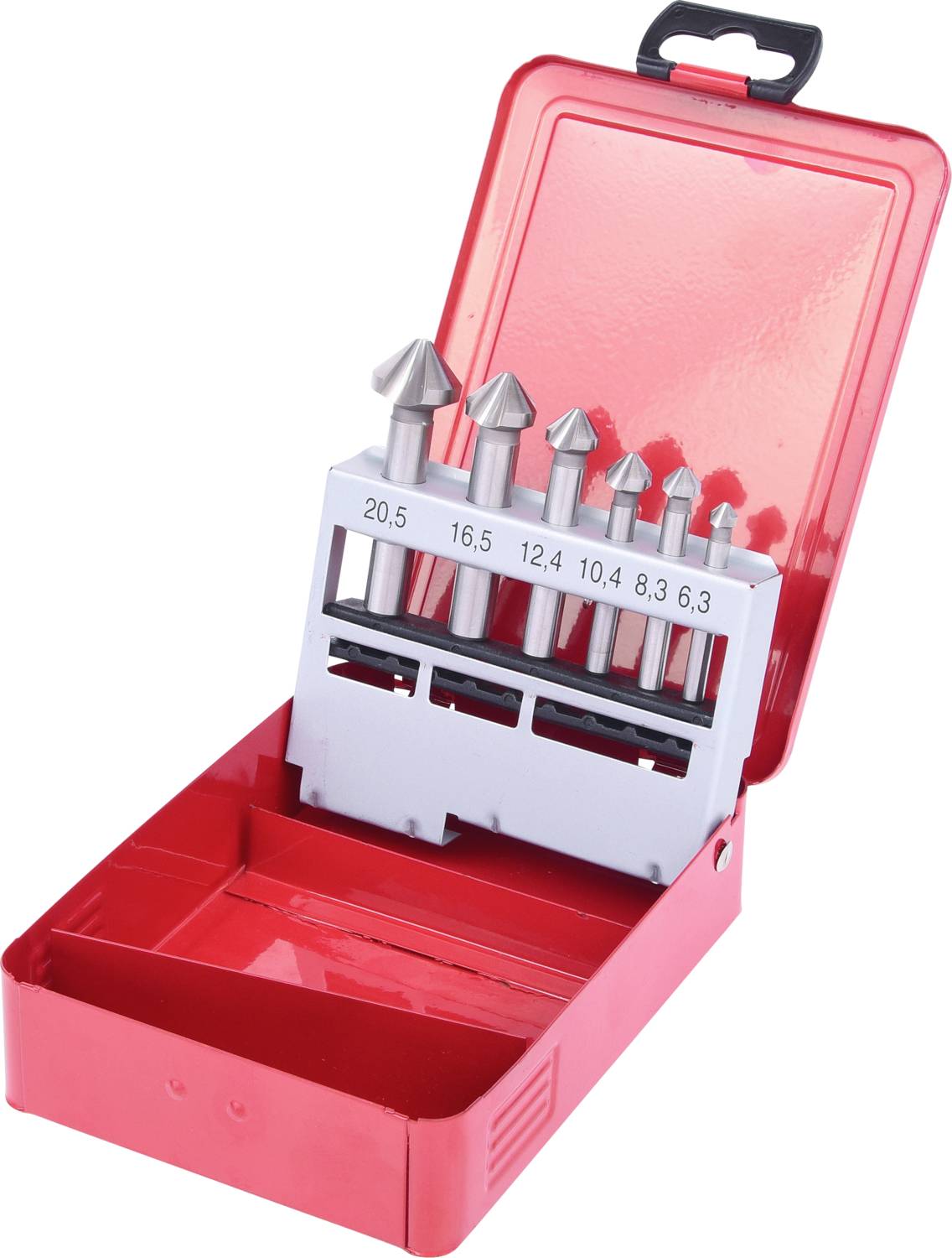 Ein Set von Senkbohrern in einer rot geöffneten Box, sortiert nach Größe. Bohrergrößen sind sichtbar: 20,5 bis 6,3 mm.