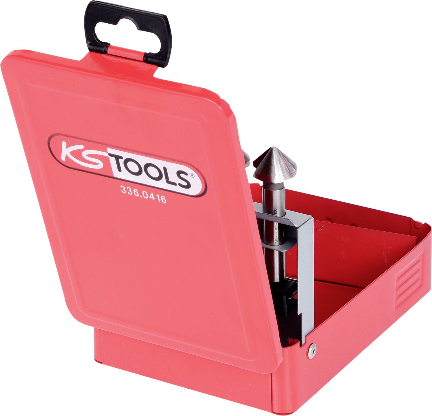 Rotes Entgratsystem von KS Tools mit geöffnetem Deckel, zeigt den Einsatz eines Kegelbohrers zum Entgraten von Rohren.