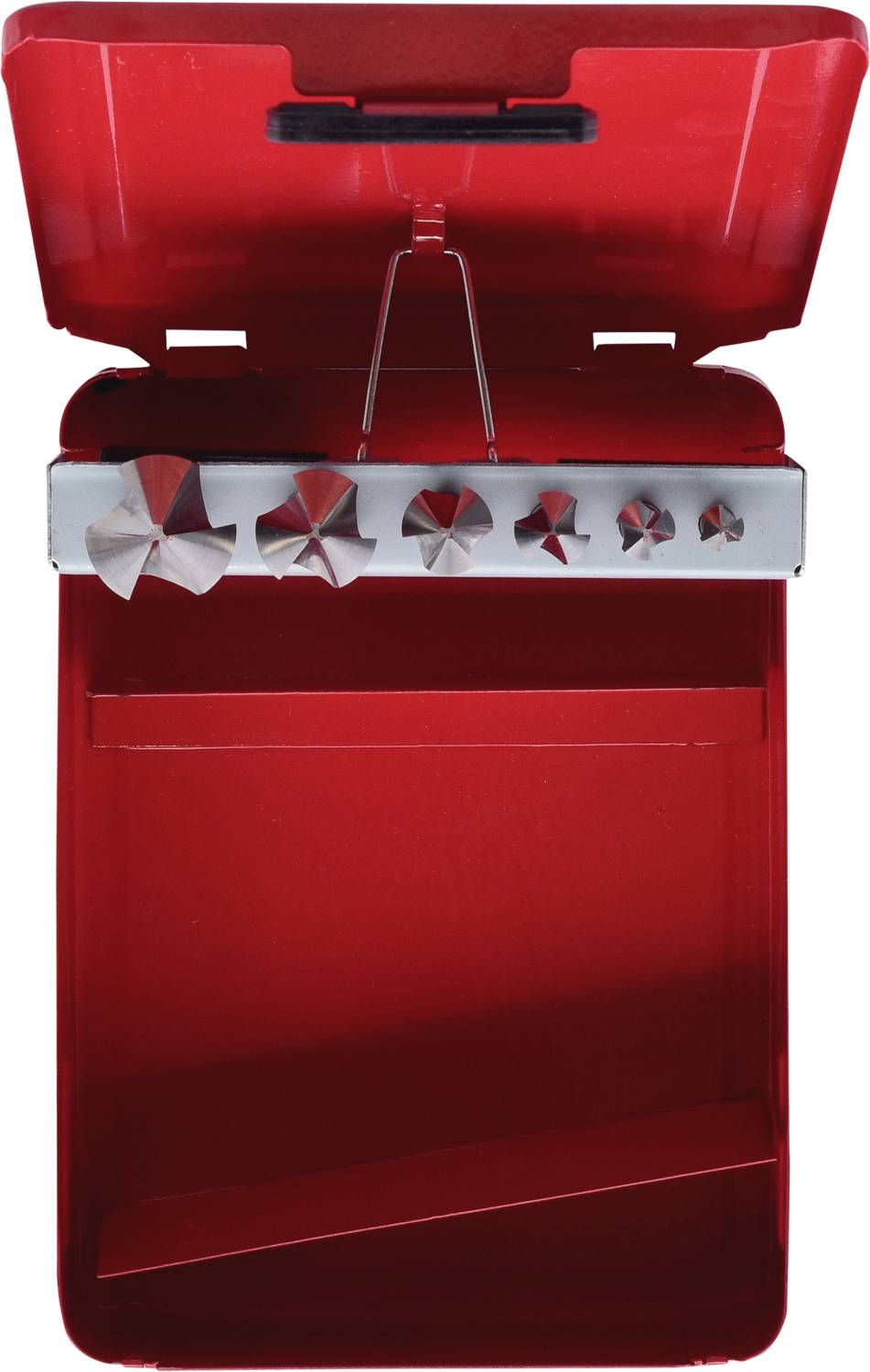 Roter Tischständer mit mehreren Metallaufsätzen, wahrscheinlich zum Spritzen von Teig oder Sahne, Deckel offen.