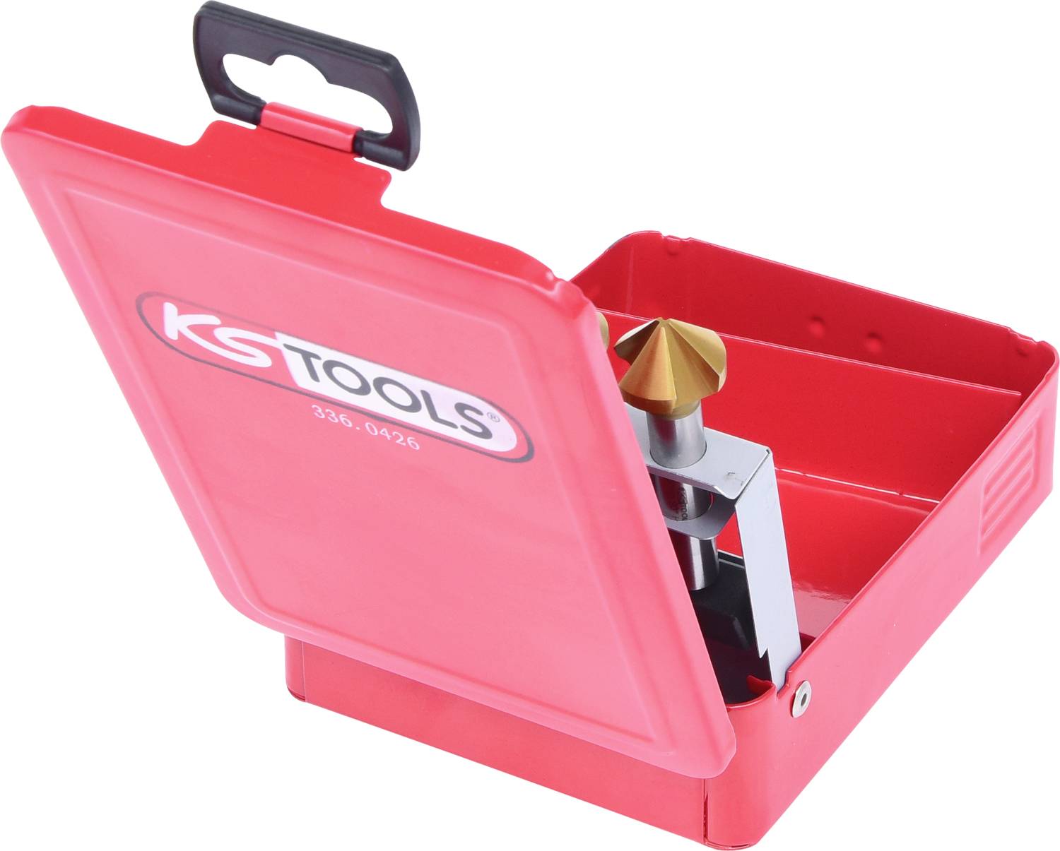 Rote Werkzeugkiste, leicht geöffnet, zeigt einen Metall-Fräser mit goldenem Kegel an der Spitze. Kasten trägt 'KS TOOLS' Logo.