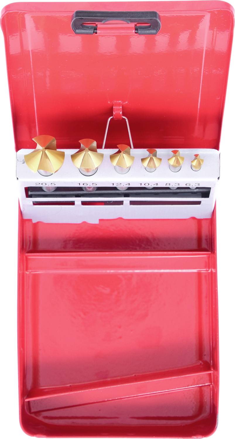 Metallbohrersatz mit sechs goldfarbenen Bohraufsätzen in einer offenen roten Metallbox, aufgestellt für die Präsentation.