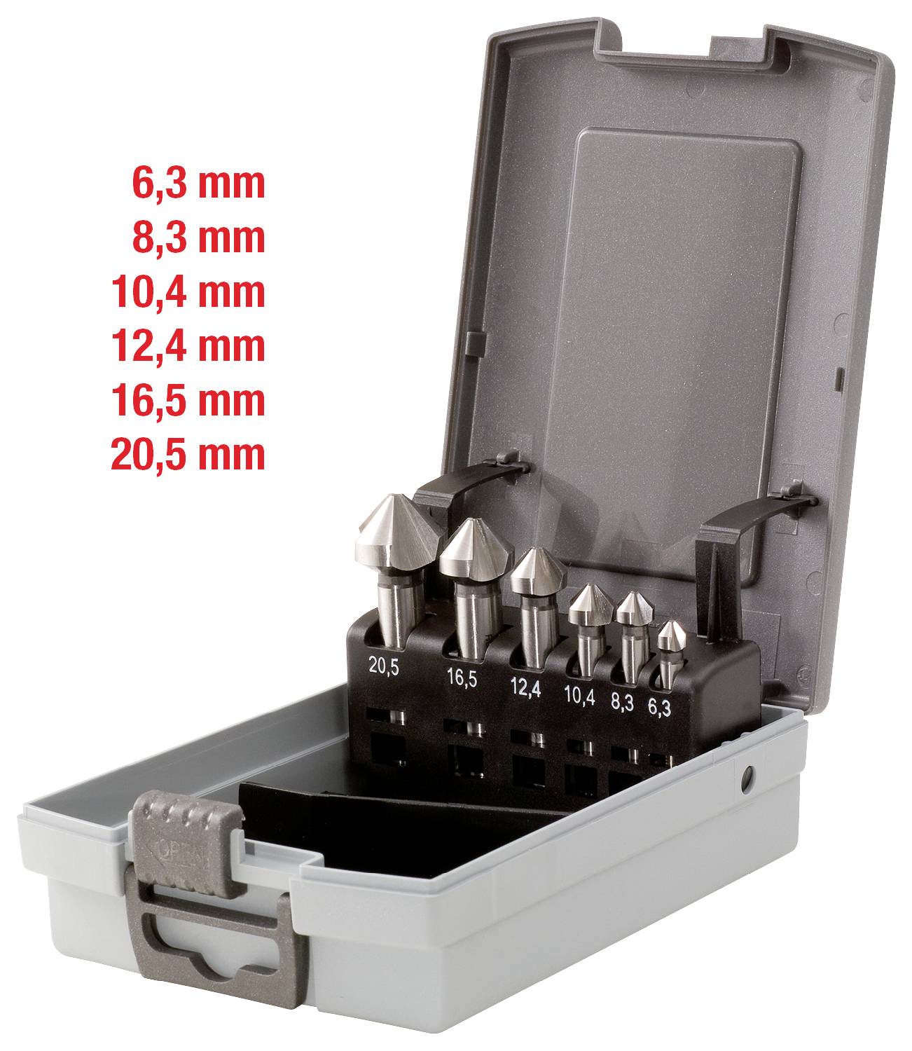 Satz von sechs Kegelsenker in geöffneter Box, Größenangaben von links nach rechts: '20,5 mm', '16,5 mm', '12,4 mm', '10,4 mm', '8,3 mm', '6,3 mm'.