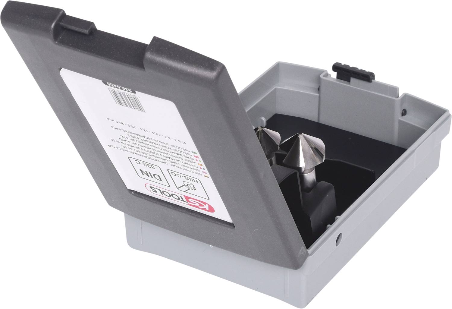 Geöffnete graue Box mit zwei Metallbohrern in unterschiedlichen Größen, zum Bohren in Holz.