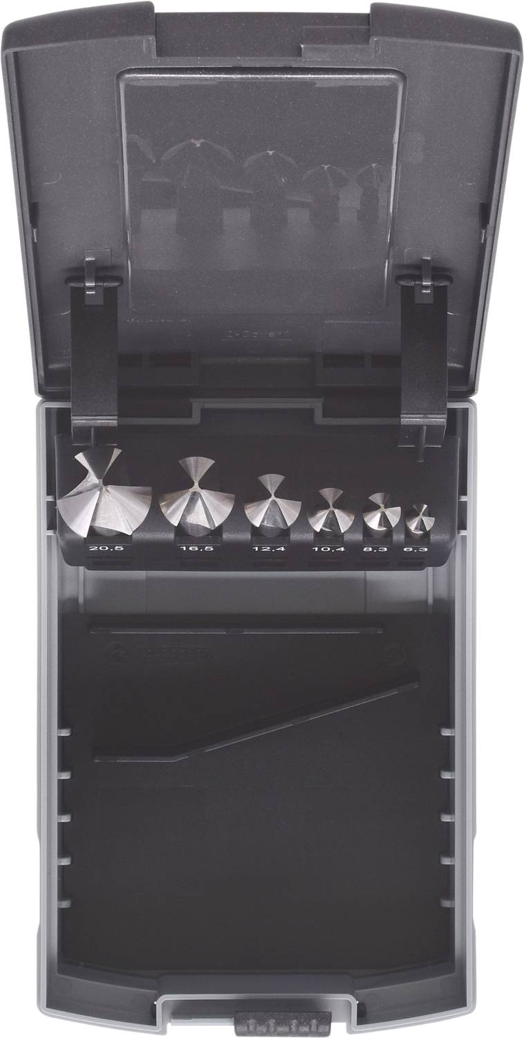 Gehäuse mit sechs Metallbohrern in verschiedenen Größen, die in einem offenen Kunststoffetui aufbewahrt werden. Bohrer sind in einer Linie angeordnet.