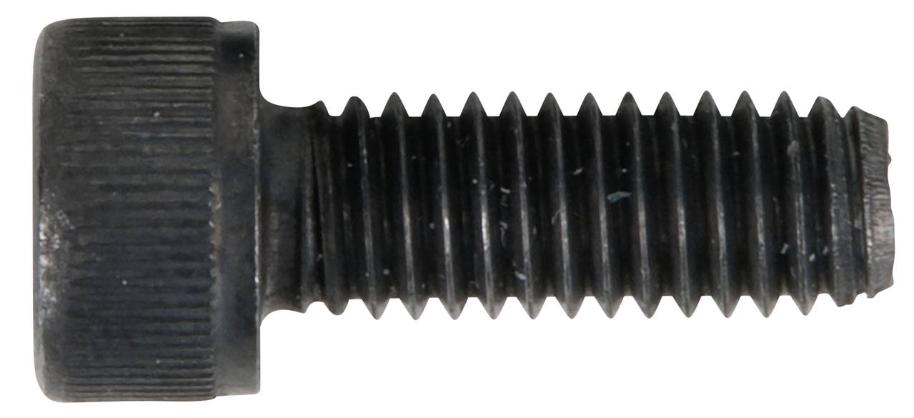 Ein schwarzer Sechskantschraubenkopf mit Gewinde, horizontal liegend, vor weißem Hintergrund.
