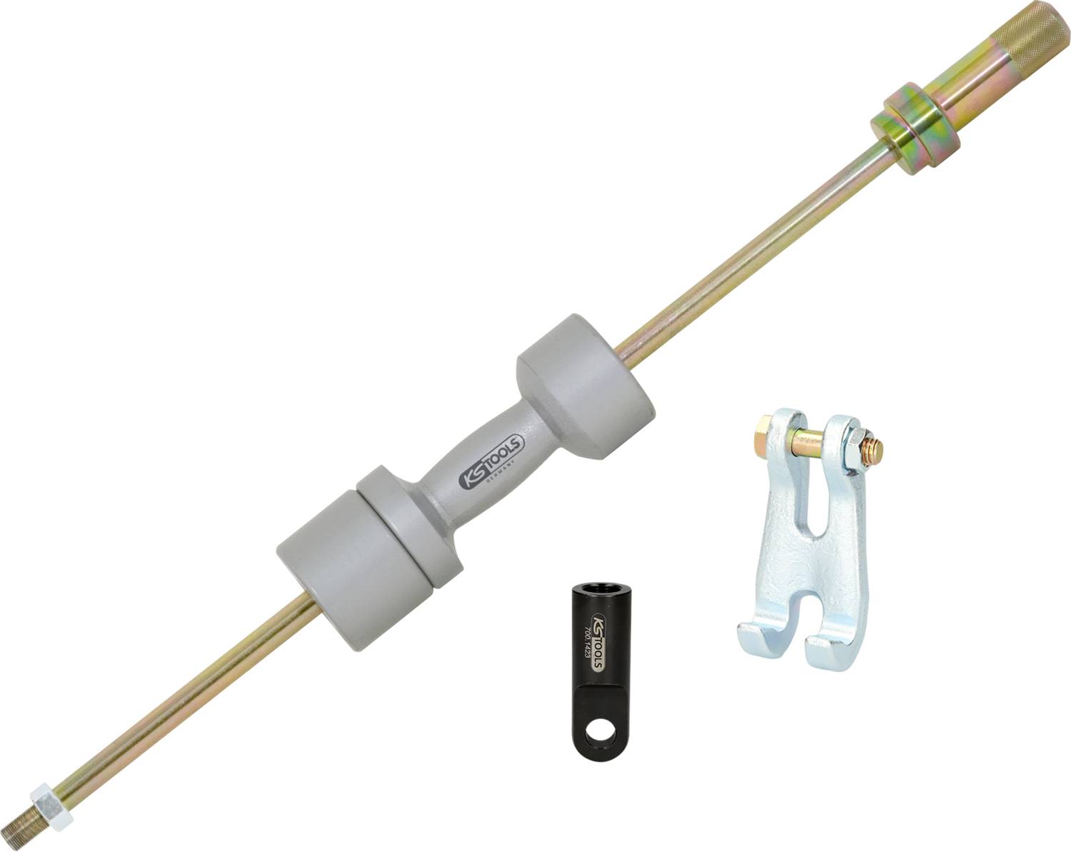 Abgebildet ist ein grauer Torsionsstabilisatorstab mit zwei Metallklammern und einem kleinen schwarzen Befestigungsteil daneben.