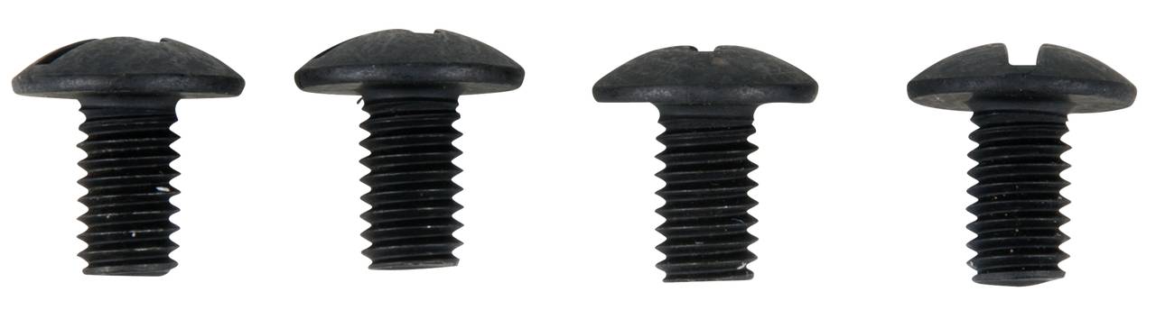 Vier schwarze Metallschrauben mit Schlitzkopf nebeneinander auf weißem Hintergrund.