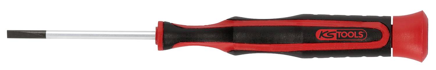 Schwarzer und roter Schraubendreher mit flacher Klinge, ergonomischem Griff und der Aufschrift 'KS Tools' auf dem Griff.