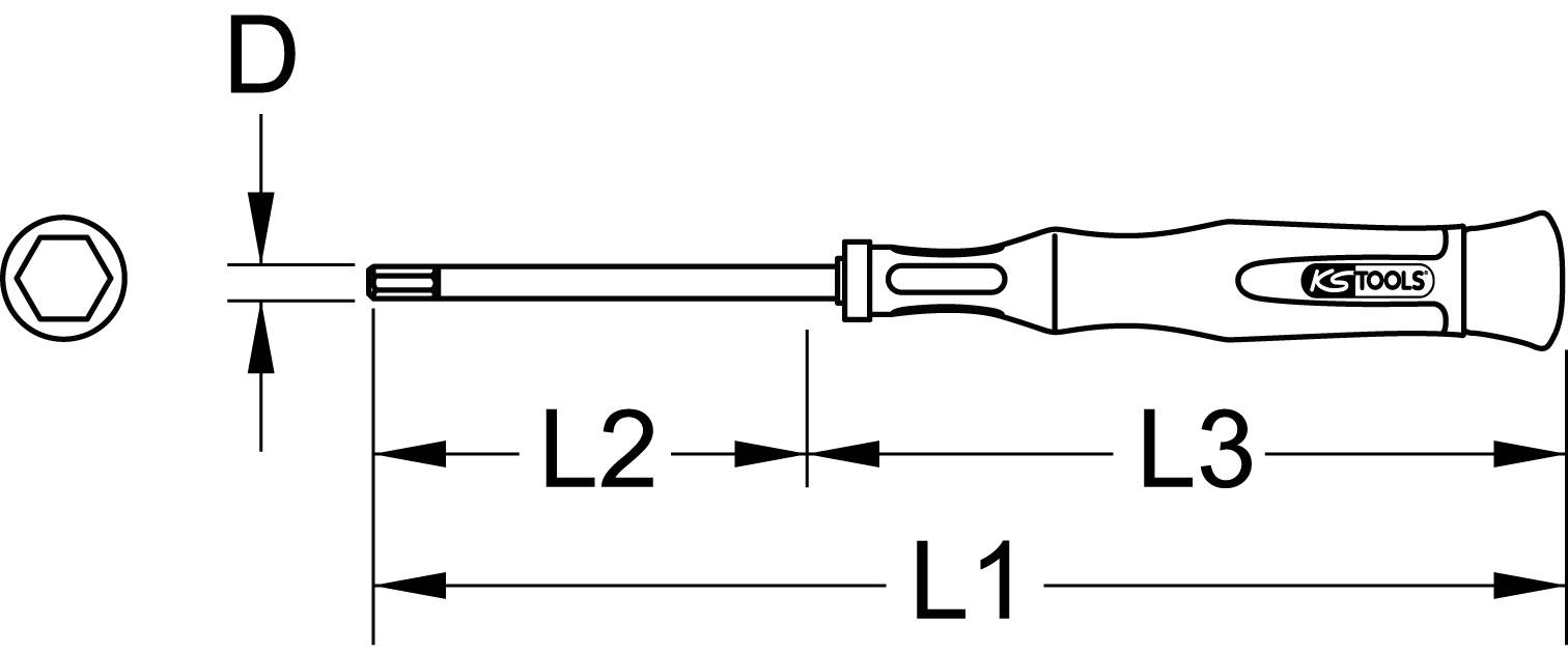 Schraubendreher technische Zeichnung mit Abmessungen L1, L2, L3 und D, sowie sechseckiger Querschnittsansicht und Logo auf dem Griff.