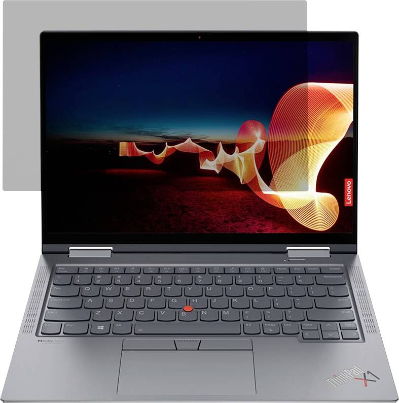 Ein Laptop zeigt auf dem Bildschirm ein abstraktes, buntes Lichtmuster vor dunklem Hintergrund. Die Tastatur ist beleuchtet.