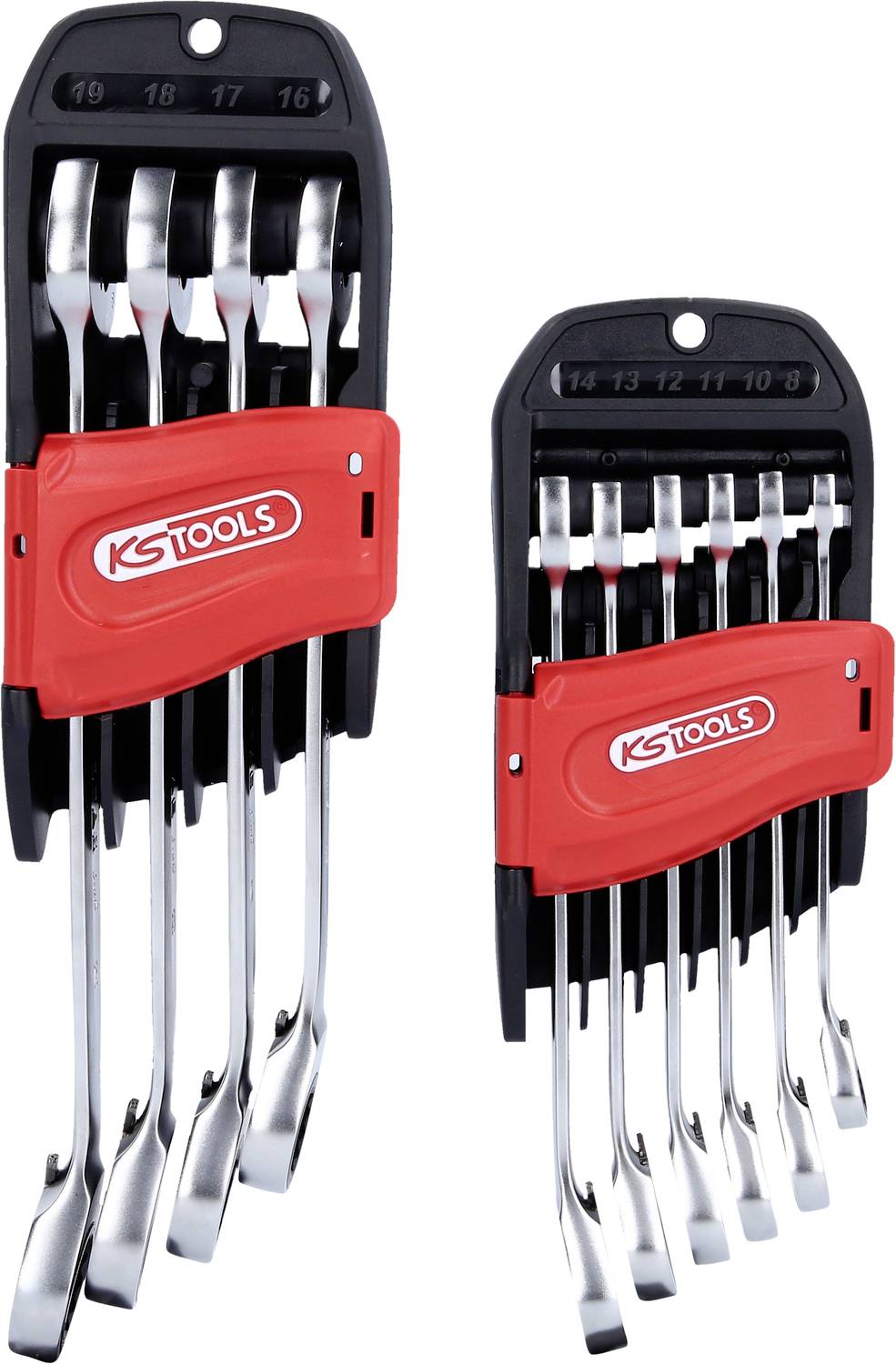 Zwei Sätze Maulschlüssel im Halter, unterschiedlich groß, von der Marke KS Tools.