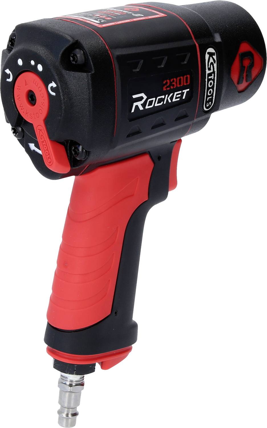 Druckluft-Schlagschrauber von KS Tools, Modell 'Rocket' 2300 mit rotem und schwarzem Design, rutschfestem Griff und Schnellverschluss.