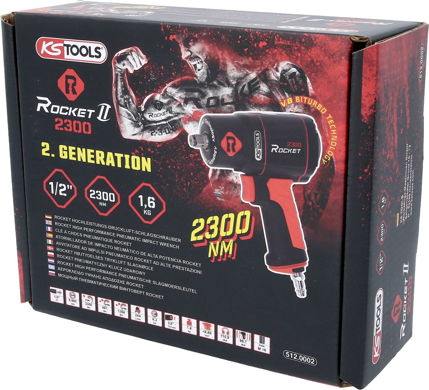 Eine rot-schwarze Verpackung zeigt einen Druckluft-Schlagschrauber mit der Aufschrift 'Rocket 2300'. Wichtige Spezifikationen: 1/2 Zoll, 2300 Nm, 1,6 kg. Markenlogo oben links.