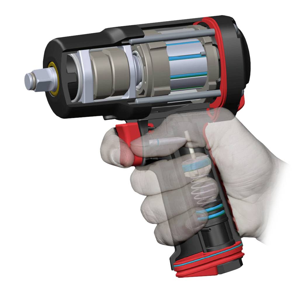 Eine Hand hält ein Druckluft-Schlagschrauber, zeigt den inneren Mechanismus, der komplexe Teile und Funktionsweise darstellt.
