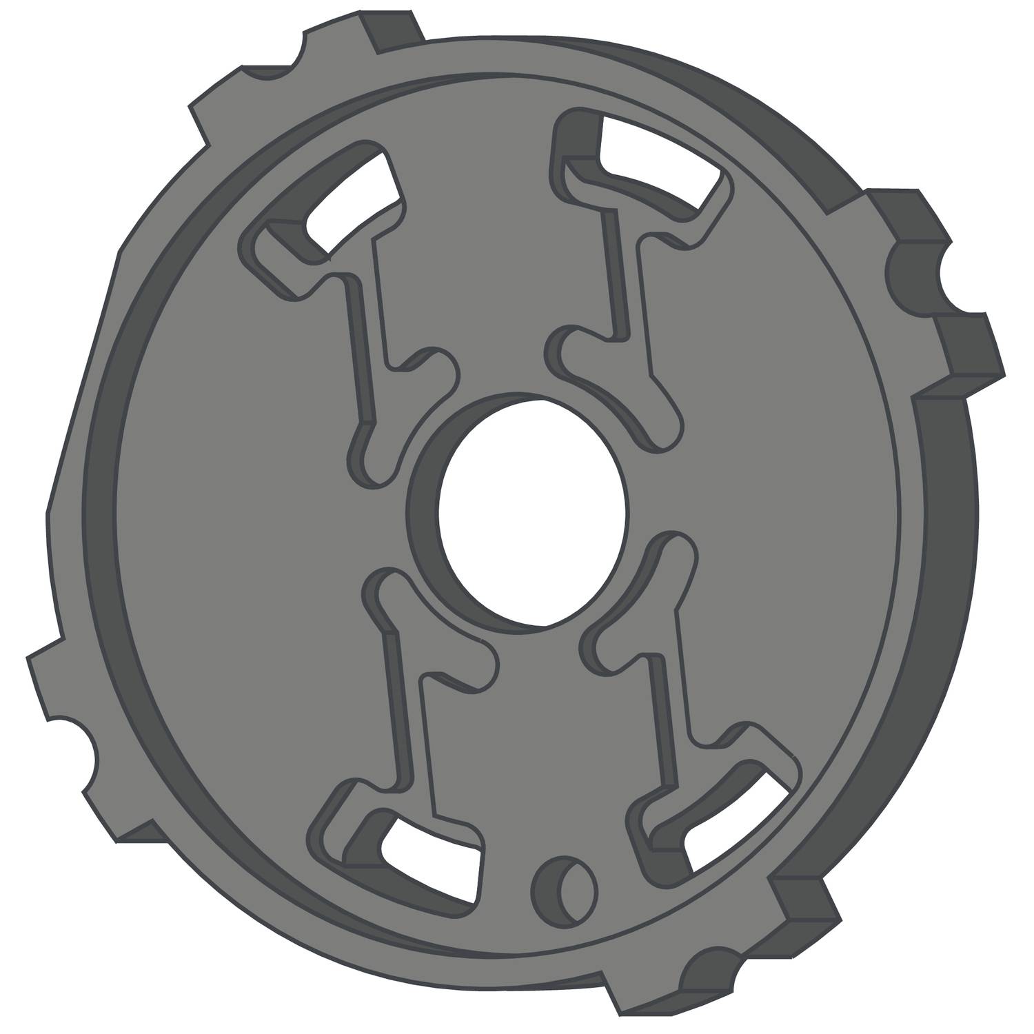 Eine graue Scheibe mit komplizierten Aussparungen und einem zentralen Loch, möglicherweise ein mechanisches Zahnrad oder Bauteil.