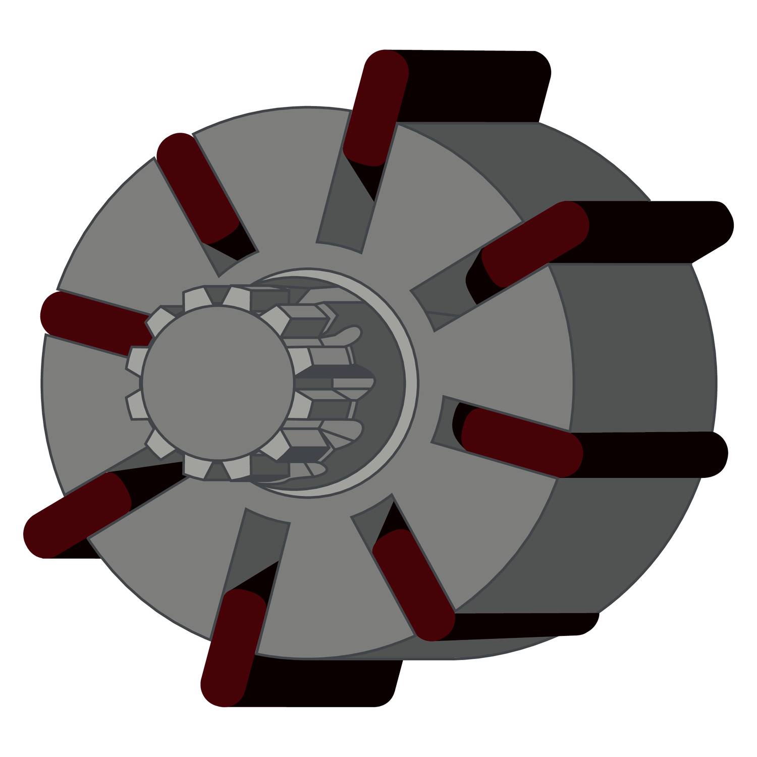 Eine stilisierte Illustration eines Zahnrads mit rotem Schaufelrad.