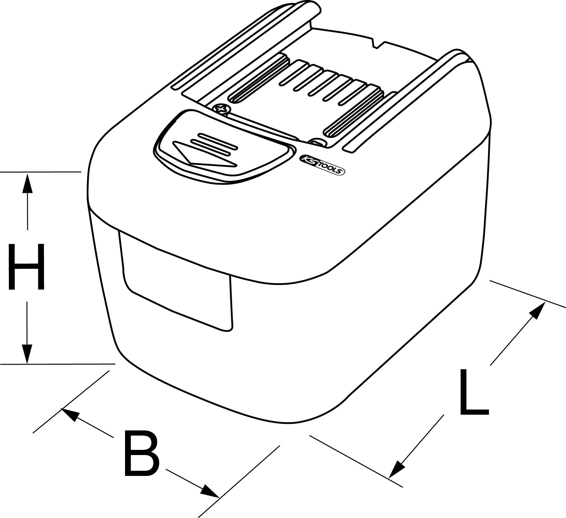 Technische Zeichnung eines Geräts mit den Maßen Höhe (H), Breite (B) und Länge (L) markiert. Hauptansicht von oben und vorne.