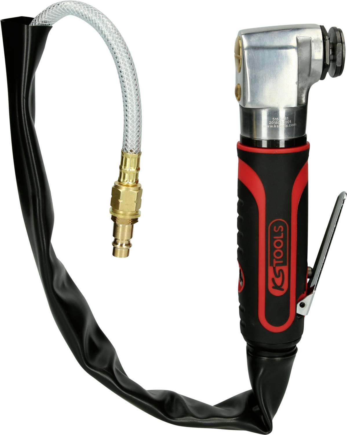Druckluft-Reifenfüllgerät mit Manometer, rotes und schwarzes Design. Flexibler Gummischlauch mit Metallkupplung für Autoreifen.