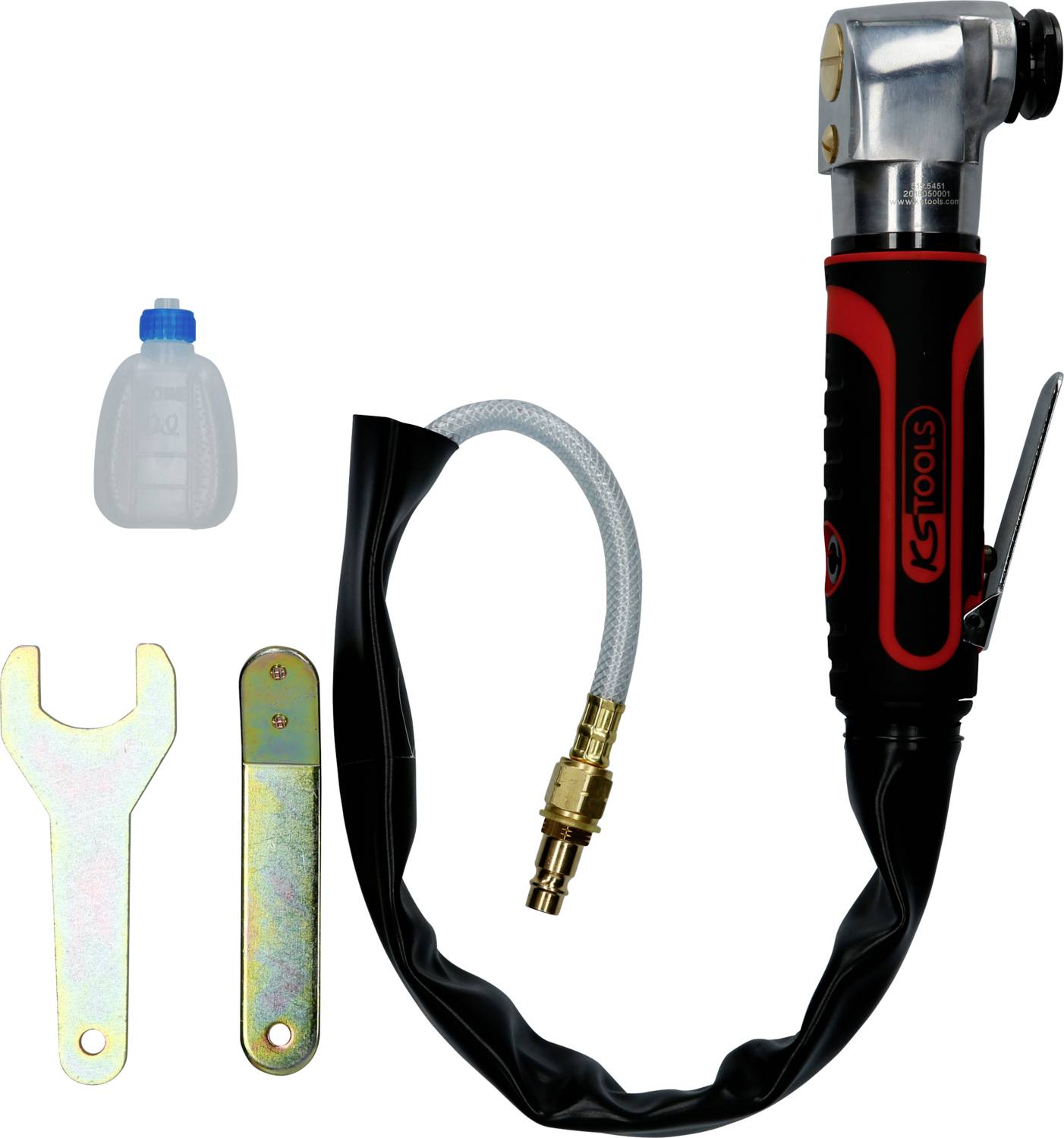 Ein Druckluft-Winkelschleifer mit Zubehör: Ölflasche, Schraubenschlüssel und Halterung. Geeignet für Kfz-Werkstattarbeiten.