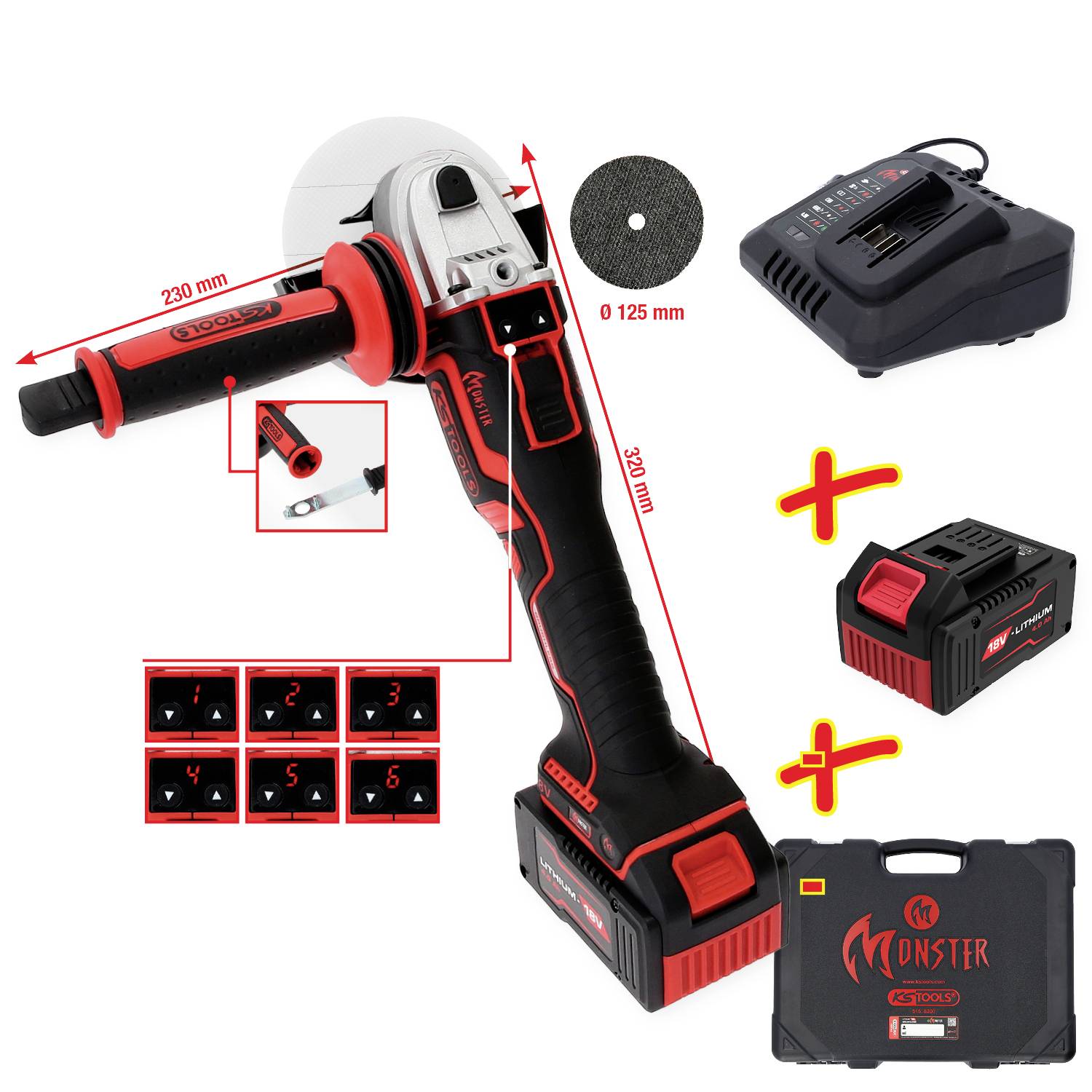 Ein rot-schwarzer Winkelschleifer mit zusätzlichen Aufsätzen, Ladegerät, zwei Akkus und einem schwarzen Koffer der Marke Monster.