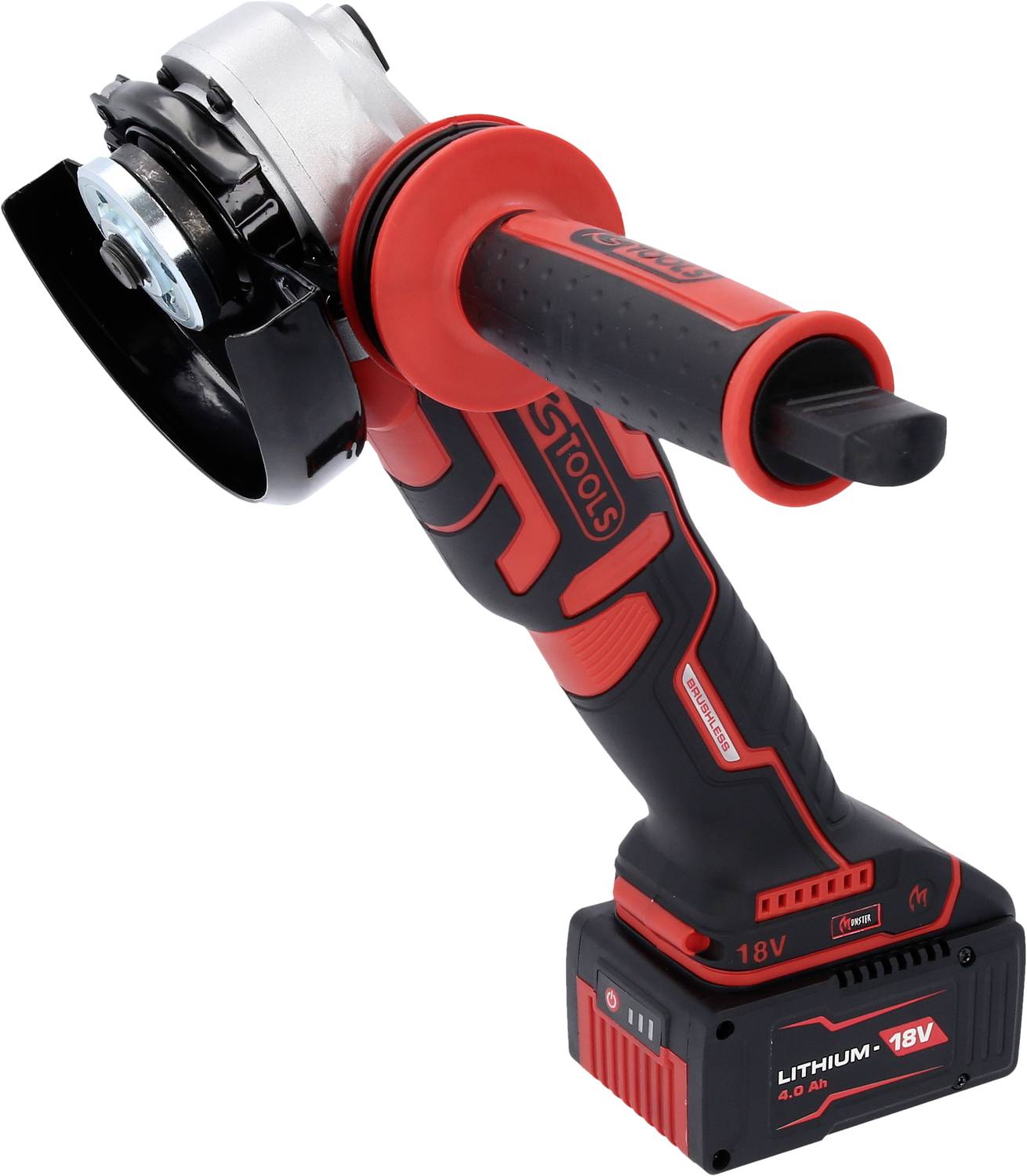 Akku-Winkelschleifer mit rotem und schwarzem Design, 18V Lithium-Ionen-Akku, ergonomischer Griff. Drahtloser, tragbarer Einsatz.